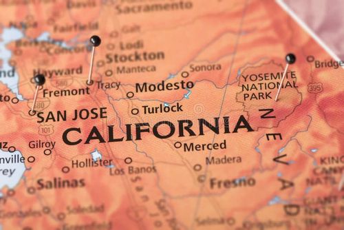 Closeup of California on a political map of the United States with pins in some cities. California map stock images, royalty-free photos and pictures