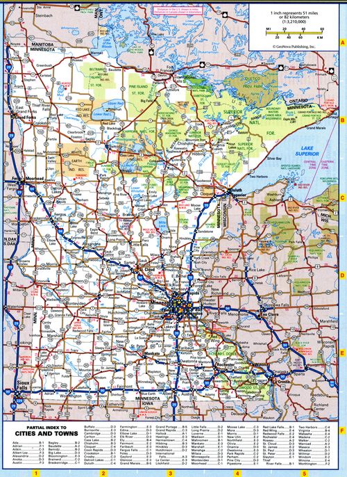Minnesota highways map. Detailed map of the Minnesota highway with cities, villages, and rest areas.