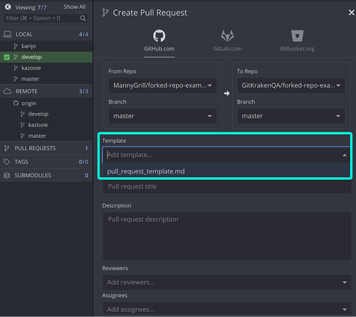 GitKraken Desktop interface displaying the Create Pull Request dialog with a dropdown field for selecting a pull request template. The template 'pull_request_template.md' is highlighted.