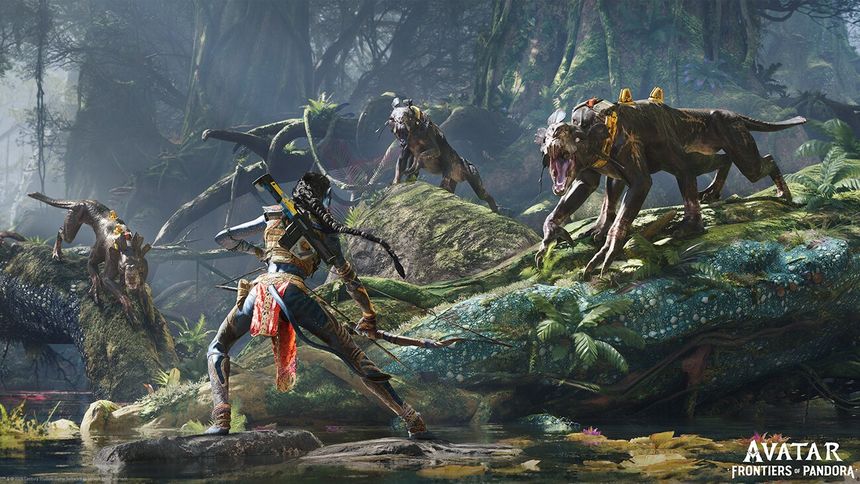 A Na'vi with with bow in hand facing three thanators from the game 'Avatar: Frontiers of Pandora.'
