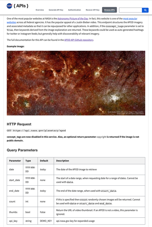 screenshot of nasa api documentation
