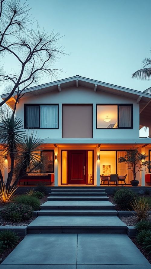 Exterior of a mid-century modern house with symmetrical and asymmetrical design elements, featuring a gable roof, centered front door, and varied landscaping.