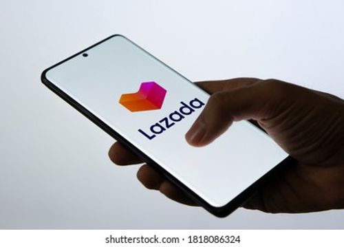 LAZADA Logo on Phone Bangkok, Thailand 19 September 2020 Editorial Stock Photo