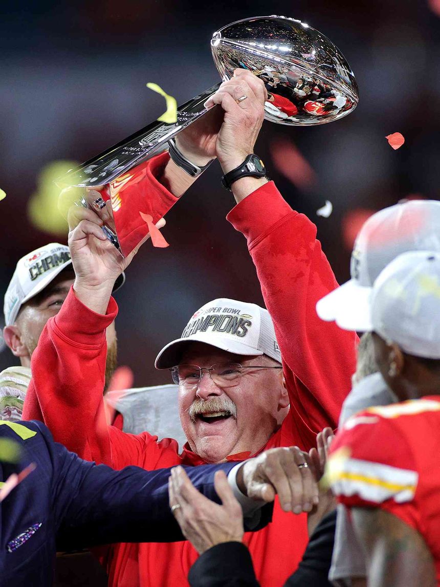 Andy Reid of the Kansas City Chiefs celebrates with the Vince Lombardi Trophy after defeating the San Francisco 49ers 31-20 in Super Bowl LIV at Hard Rock Stadium on February 02, 2020 in Miami, Florida