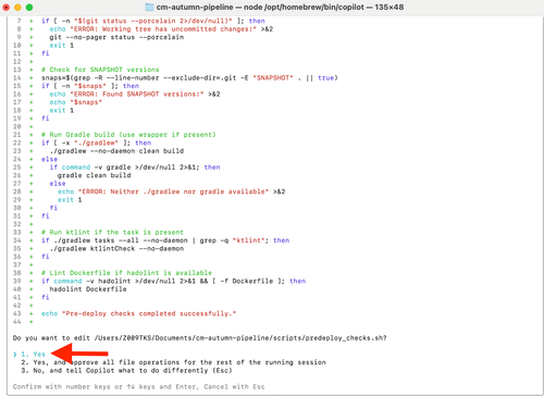 接受 Copilot CLI 脚本代码差异更改
