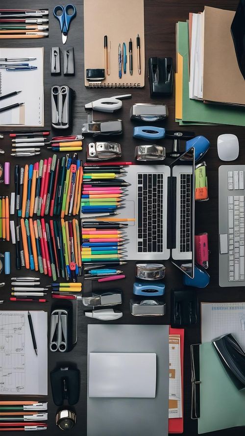 Photo workspace with office supplies top view