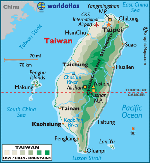 a map showing the location of taiwan and its major cities in asia, along with other countries