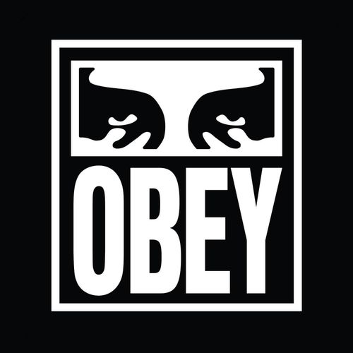the obey logo is shown on a black background with white letters and an image of two eyes