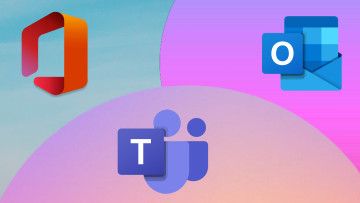 Logos of Outlook Office and Teams on colorful backgrounds