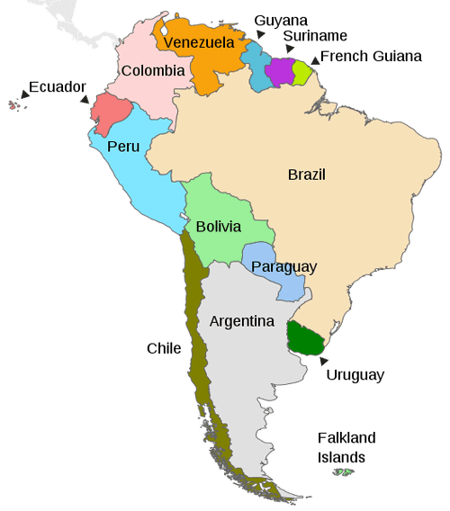 Map depicting the countries on the continent of South America