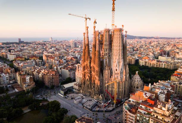 Aerial view of Sagrada Familia Panoramic view from drone of Cathedral of La Sagrada Familia in Barcelona at morning, Spain sagrada familia stock pictures, royalty-free photos & images