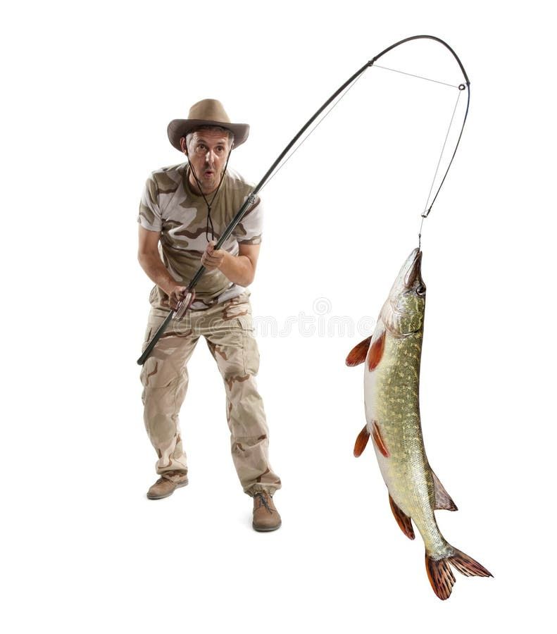 Fisherman with big fish - Pike Esox Lucius isolated on white