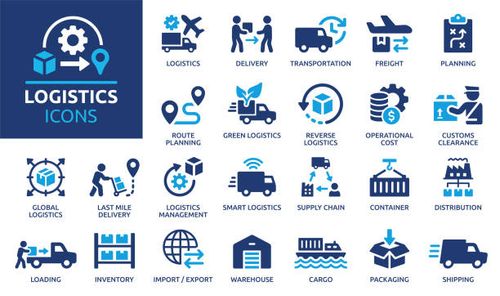 Logistics icon set. Solid icon collection. Vector illustration. Containing distribution, shipping, transportation, delivery, cargo, freight, route planning, supply chain, export and import icons. importing stock illustrations