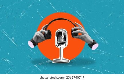 An artistic collage featuring modern headphones and a retro microphone on a blue background. The concept of podcasting and creativity in music. Stock Photo