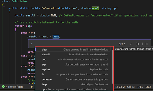 内联聊天视图和聊天窗口中斜杠命令的屏幕截图。