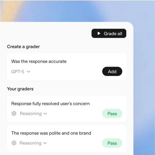 Interface titled “Create a grader” showing evaluation criteria for responses, including fields like “Was the response accurate” and grader results marked “Pass” for reasoning-based checks, on a light background.