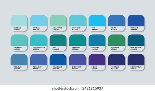 Ocean Blue Color Palette, Blue Color Code Guide Palette with Color Names, Catalog Samples Blue with RGB HEX codes. Sea Blue Colors Palette Vector. Plastic, Paints, Fashion Trending Water Blues Color Stock Vector