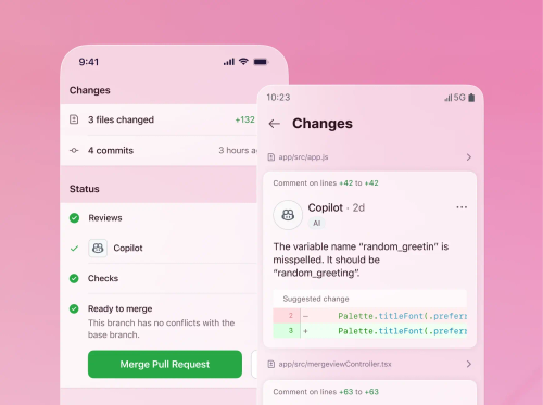 Two phone screens are shown: in the first screen, GitHub Copilot has been assigned as a code reviewer to an issue and completed its review. In the second screen, it displays file changes made by Copilot with comments and suggested changes.