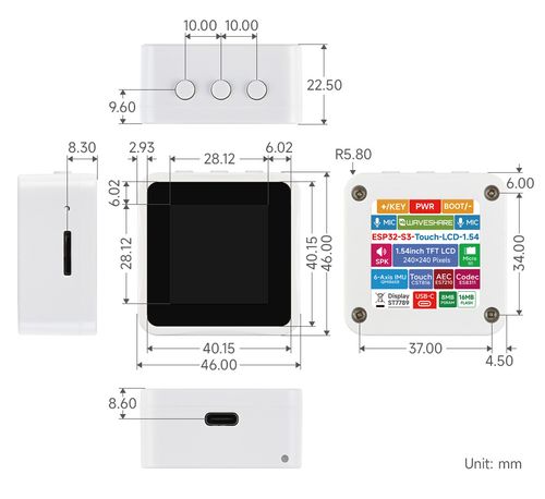 ESP32-S3 1.54inch LCD display development board, outline dimensions