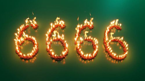 The number 666 is created from burning materials, casting bright flames against a green background. The clean setting contrasts with the fiery, chaotic nature of the flames, creating a visually striking image. Number 666 stock images, royalty-free photos and pictures
