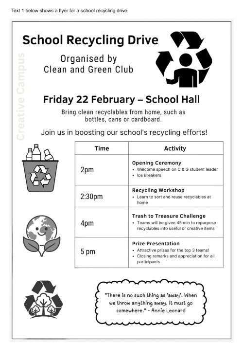 School recycling drive flyer showing visual text example for PSLE English comprehension practice.