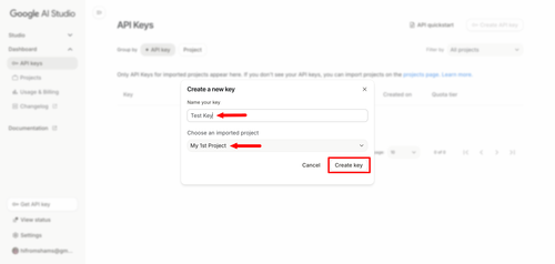 Choose a project, give a name, and create a Gemini API key