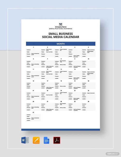 Small Business Social Media Calendar Template in Word, Pages, Google Docs, PDF - Download | Template.net