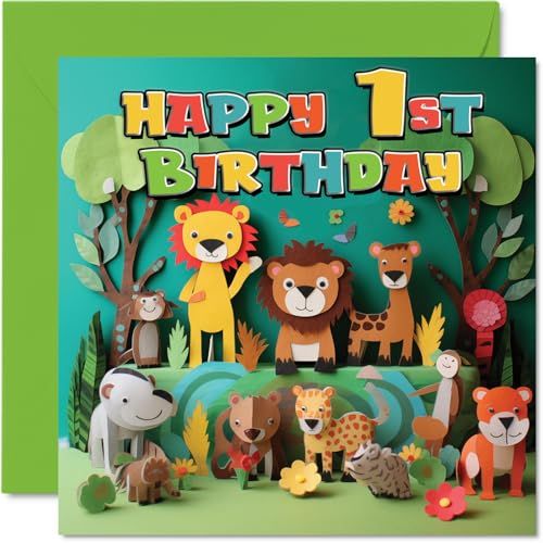 Stuff4 1st Birthday Card for Boys Girls - Jungle Animals - Happy Birthday Card 1 Year Old Boy Gir...