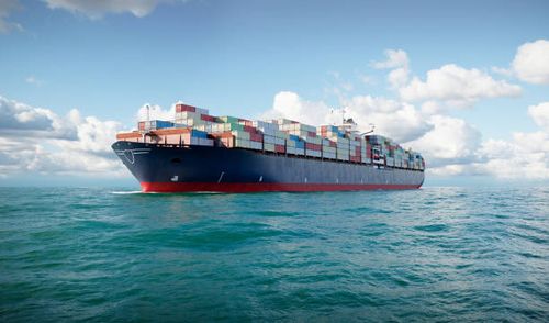 3d cargo container ship in sea - import stock pictures, royalty-free photos & images