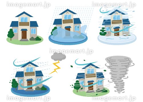 災害に遭う住宅のベクターイラストセット　水害・雪害・雷雨・竜巻 住宅ローン,地震保険,損害保険のイラスト素材