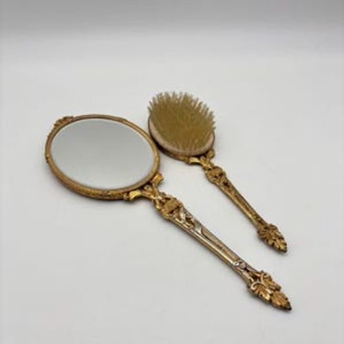 Vintage Hollywood Regency Gold Tone Vanity Hand Mirror and Brush Set. Gold Rose Motif and Fillagree.