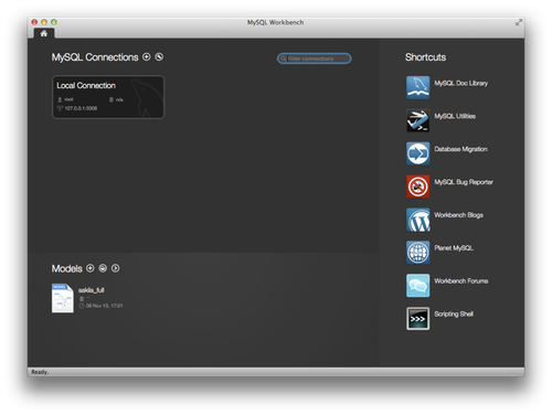 the mysql workbench startup screen