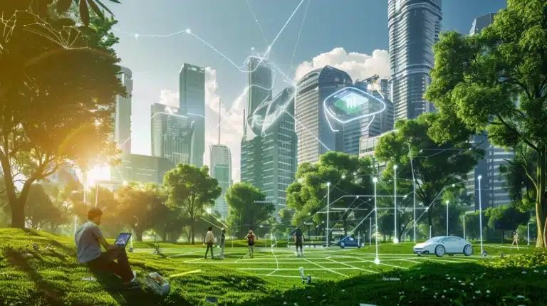 A circuit board with a green leaf growing from it, symbolizing green technology.