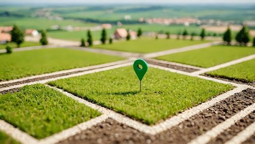Land plot in aerial view. Identify registration symbol of vacant area for map. That property, real estate for business of home, house or residential i.e. development, sale, rent, buy or investment.