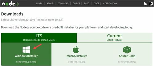 Node.js Windows installer download page