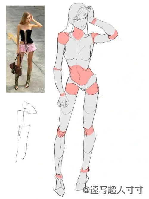 Fashion model reference sketch with highlighted anatomy, inspired by stylish outfit and pose.
