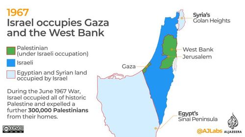 A map showing Israeli occupation of Palestinian territory after the 1967 Arab-Israeli war.