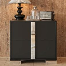 MELAABUU Modern Black Nightstand for Bedroom, Elegant 2 Drawer Nightstand with Silver Mirrored Handle and Base, Wood End Table Sofa Side Table for Living Room Bedroom (Black)