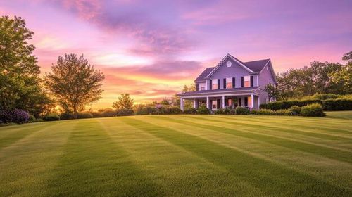 Charming country house with manicured lawn against a vibrant sunset sky photo