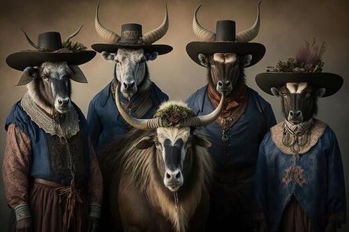 gnu animals dressed in victorian era clothing illustration photo