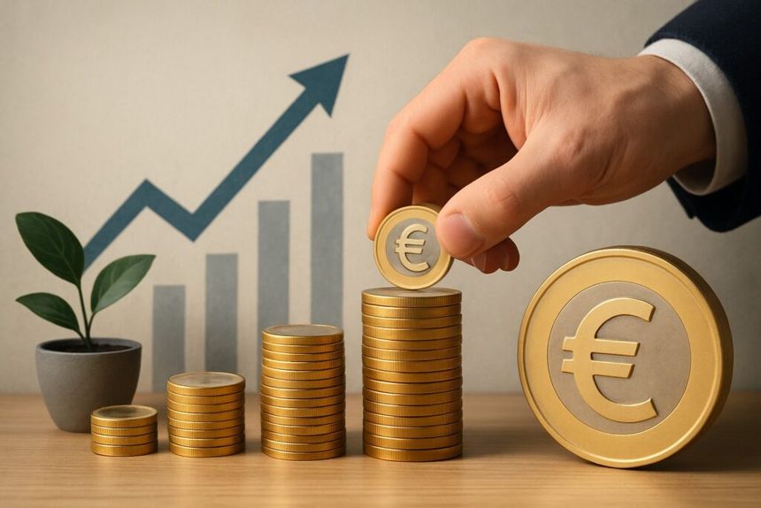 A hand placing a euro coin on top of stacked coins in front of a rising growth chart.