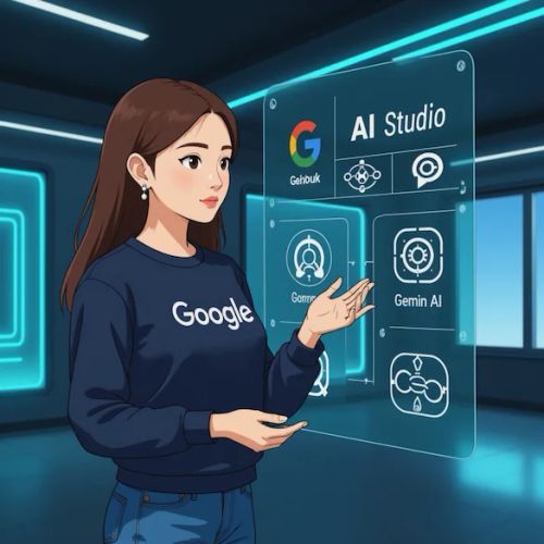 Google AI Studio 介面展示，強調初學者無痛上手與 Gemini AI 應用