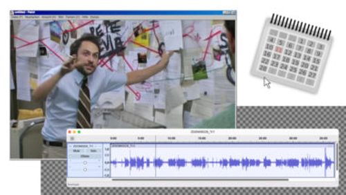 Das bekannte Meme von dem Typen vor der befüllten Pinnwand (Pepe Silvia; ein Kalender; eine Audiospur aus einem Schnittprogramm.
