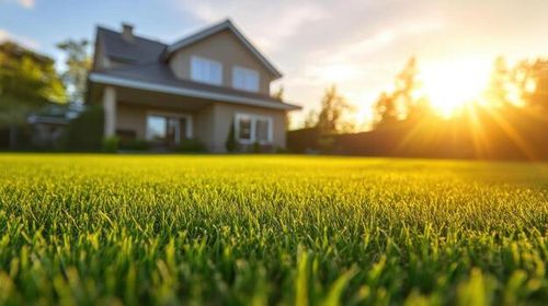 Beautiful suburban house with lush green lawn under bright sunlight in summer photo