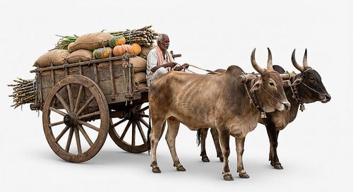 Bullock Cart on white background. Traditional Bullock Cart, farmer transport, crops delivery to market. Classical village icon.
