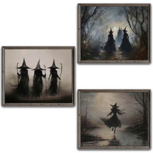 LANCHI95 3 Pcs 8x10in Vintage Rustic Witch Posters Halloween Wall Art Witch in The Forest Painting Prints Goth Dark Moody ...