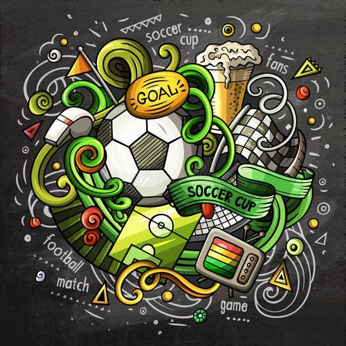 Soccer cartoon vector doodle illustration. Chalkboard colorful design with lot of objects and symbols. All elements are separate. Soccer doodles vectors