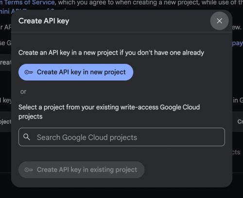 Pop-up that asks you where to create the API key