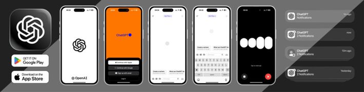 ChatGPT app UI template 2025 update with logo and light mode notifications, modern AI chat interface shown on iPhone 17