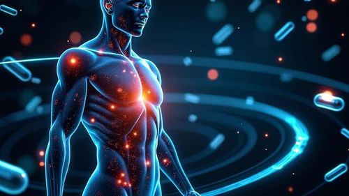 Immune system medical pill, A glowing figure with a cosmic aura stands amidst swirling particles, symbolizing the connection between humanity and the universe.